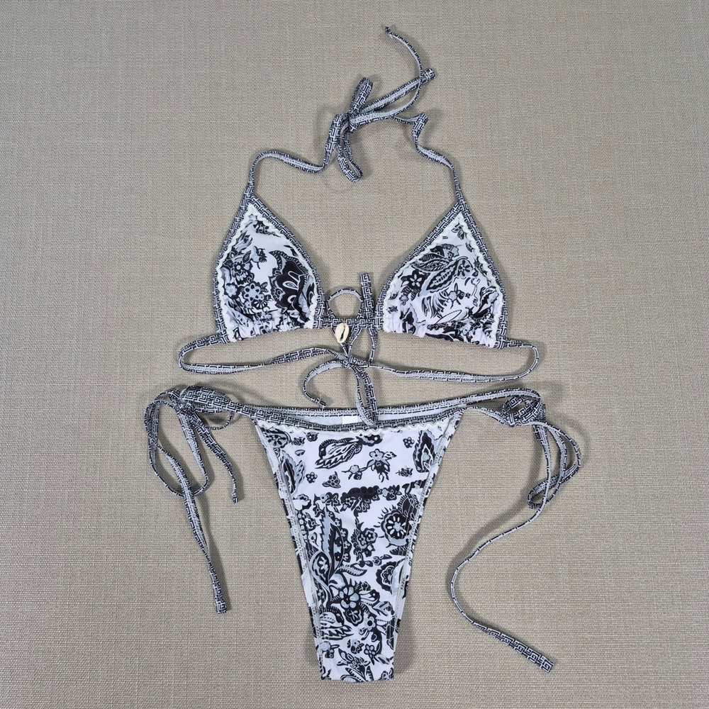 Black White Paisley Triangle Bikini Set Shell Accent Size Small
